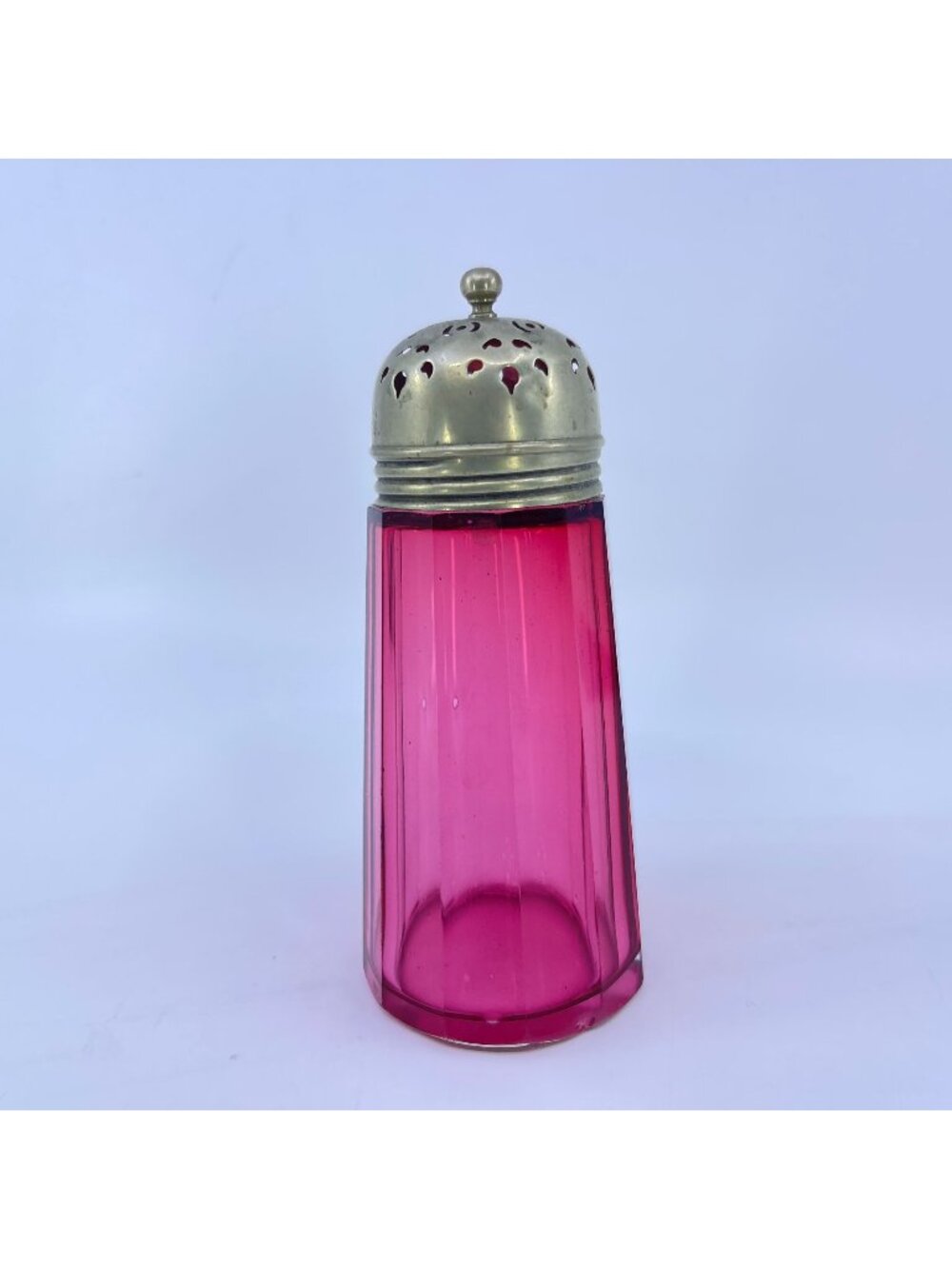 antique cranberry glass muffiniere with ornate silver-plated lid 6 inches tall